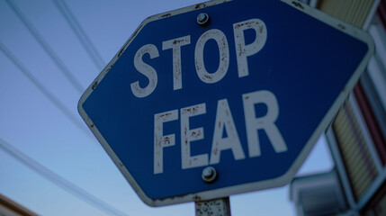 Blue fear stop sign with urban background. Ideal for mental health awareness, personal development, and motivational content.