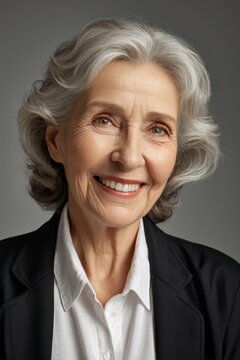 smiling older woman with white shirt and black jacket