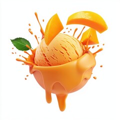 flying scoop of mango ice cream with tropical mango sauce splashing dynamically, isolated on a white background
