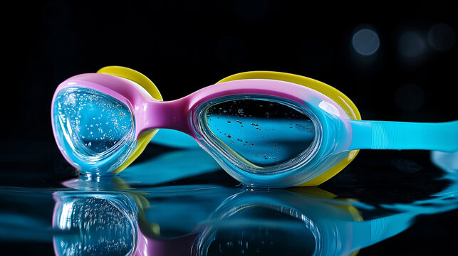 Colorful swimming goggles with reflection. Perfect for sports equipment retail, swim training programs, and athletic lifestyle content.