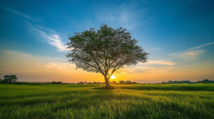 Fototapeta premium Lone tree silhouette against dramatic sunset sky. Perfect for nature photography, environmental awareness, and spiritual content.