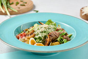 Minimalist Roast Beef and Baked Potato Salad with Mushrooms in Soft Color Tones