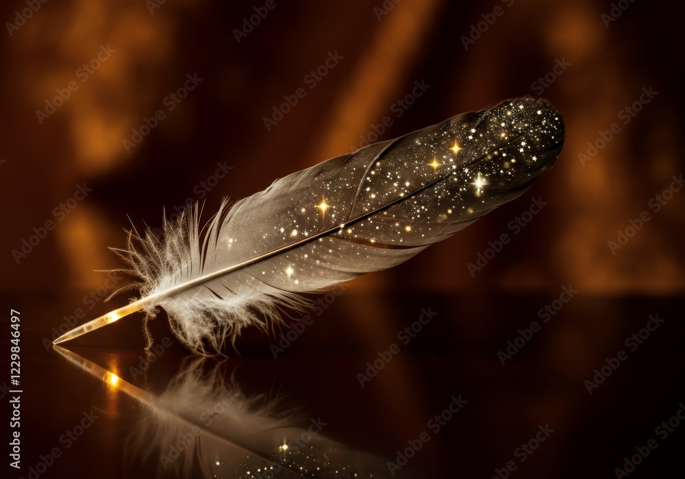 Poster starry feather on dark reflective surface with warm bokeh background