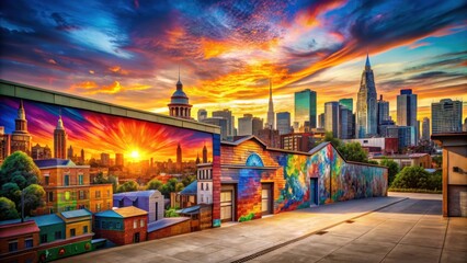 Obraz premium Colorful street art mural with bold letters and vibrant hues surrounding a beautiful cityscape at sunset, architecture, city view