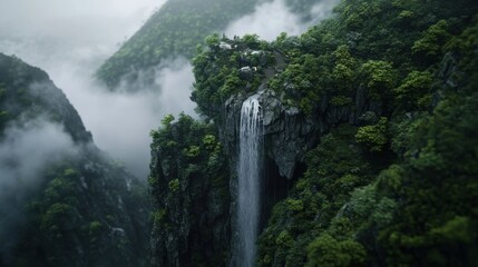 Fototapeta premium A cascading waterfall surrounded by lush greenery and mist.