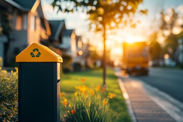 Recycling Bin On Suburban Street With Garbage Truck In Background, Concept Of Sustainable Waste Management And Eco-Friendly Community Living