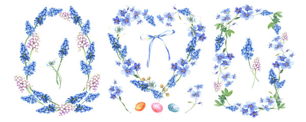 Blue muscari wraths, frames, Easter eggs, spring flowers clipart. Stock illustration. Hand painted in watercolor. 