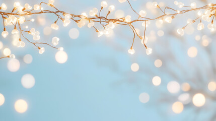 A delicate string of glowing white fairy lights intertwined on a soft blue background, creating a dreamy and magical atmosphere, perfect for festive or cozy decor. Selective focus