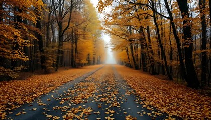 Fototapeta premium Autumn Road Through Golden Forest Trees