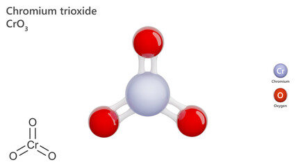 Molecule: Chromium Trioxide. Molecular structure. Formula: CrO3. Chemical model: Ball and stick. White background. 3D illustration.