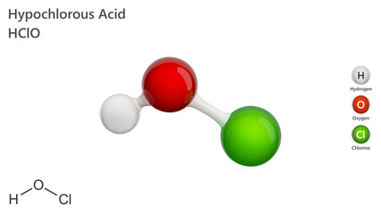 Molecule: Hypochlorous Acid. Molecular structure. Formula: HOCl. Chemical model: Ball and stick. White background. 3D illustration.