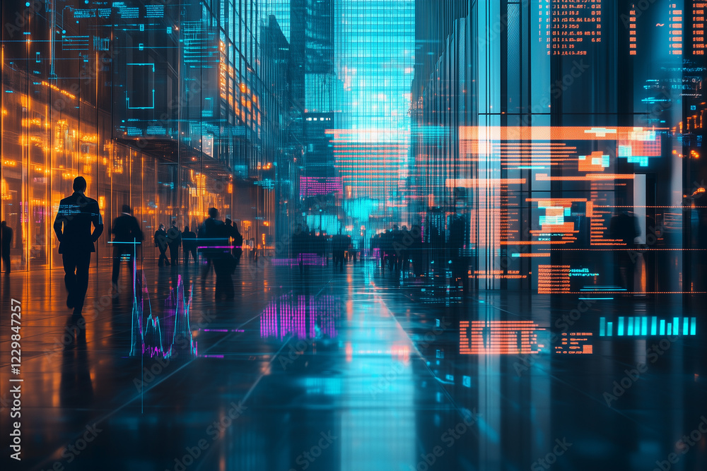 Poster dynamic stock trading floor with advanced ai technology and market data in an urban environment