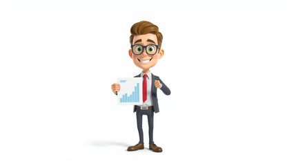 Fototapeta premium cheerful 3D cartoon manager presenting growth chart, showcasing success and positivity. Ideal for business and finance themes