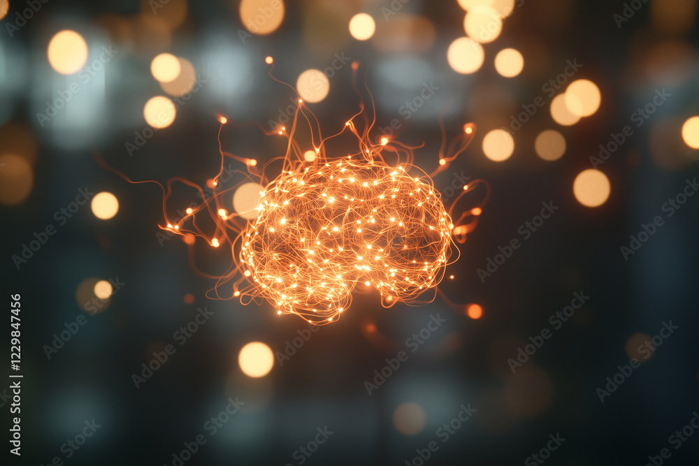 Poster digital brain with glowing connections floating in a blurred background filled with soft light orbs
