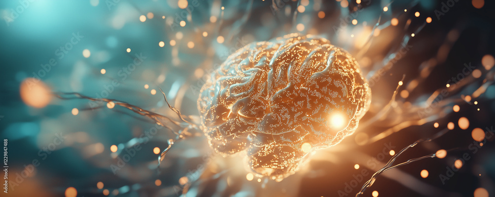 Poster intricate digital ai brain illuminated by glowing connections in a high-tech environment