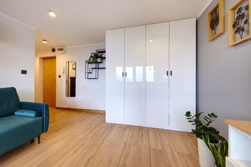 Salon w nowoczesnym apartamencie z ciemnozieloną pluszową sofą