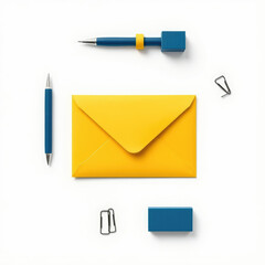Modern flat lay arrangement featuring a yellow and blue envelope with office supplies, supplies, objects, accessories