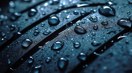 Dramatic macro shot showcasing wet tire tread with glistening water droplets