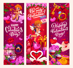 Valentines day holiday banners featuring cherubs, hearts, roses, gifts, swans, love letters, rings and romantic elements. Vector vertical cards displays elegant typography and festive playful decor