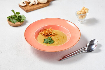 Elegant Mushroom Cream Soup with Croutons and Truffle Oil in Contemporary Style