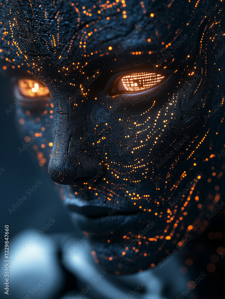 Aufkleber close-up view of a humanoid ai face showcasing luminous patterns and intricate designs in dim lighti