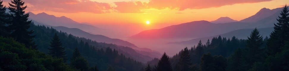 Obraz premium tranquil forest at sunset with misty mountains, nature photography, sunset, forest