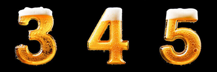 Numbers 3, 4,5. Beer Alphabet: Chilled Golden Letters on a Black Background