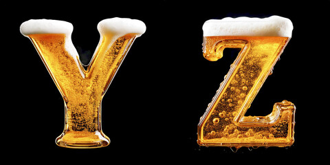 Letters, y, z. Beer Alphabet: Chilled Golden Letters on a Black Background