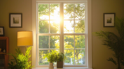 Fototapeta premium Sunlit window with indoor plants and warm atmosphere. Ideal for home interior, natural lighting and cozy lifestyle content.