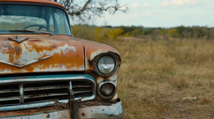 Fototapeta premium A rusted vintage car stands in an open field, portraying a sense of nostalgia and the passage of time in sunny solitude.