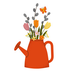 Easter spring illustration with a red watering can, butterfly and a bouquet of flowers. Tulips, green leaves and willow. Flat vector illustration with texture effect