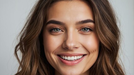 Naklejka premium A young woman with long brown hair beams a radiant smile, her flawless skin and bright eyes shining.