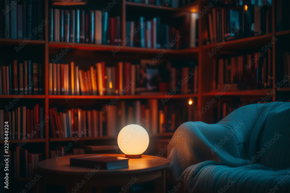 Poster cozy library corner featuring an ai assistant with warm lighting and inviting decor for a relaxing r