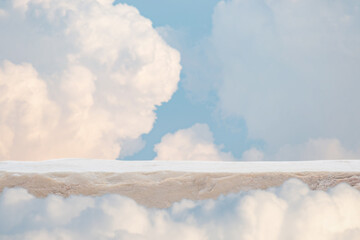 Stone table top podium floor outdoor on blue sky soft white cloud background.Beauty cosmetic...