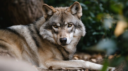 Fototapeta premium Close-up portrait of alert timber wolf. Ideal for wildlife photography, nature conservation and animal behavior studies.