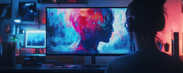 Exploration of AI capabilities through digital interface with colorful visualization in a modern workspace