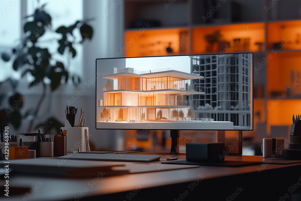 Poster dynamic workspace for architects showcasing modern building design during evening hours