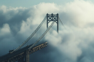Elevated view of a bridge emerging from clouds at sunrise over a mountainous landscape