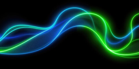 Fototapeta premium Neon green and blue waves on a black background with glow effect, abstract patterns, colorful textures