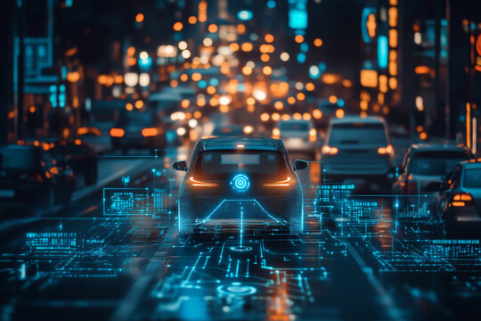 Self-driving car navigating through a bustling city at night with advanced technology overlay and vibrant lights