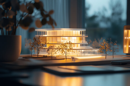 Architects design innovative building models in a bright workspace with creative lighting effects