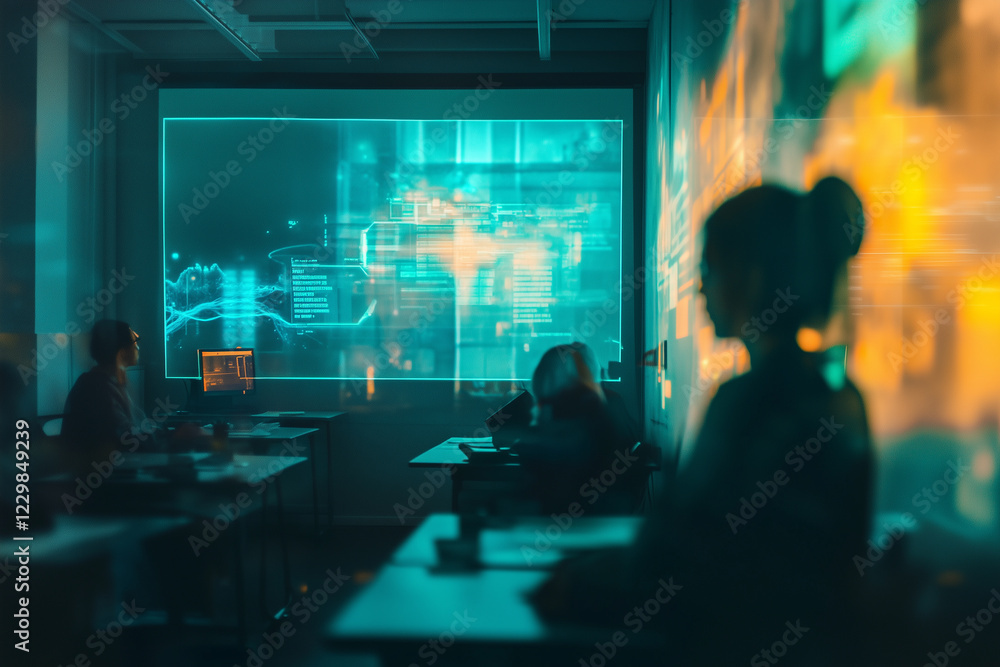 Poster futuristic classroom with students engaged in interactive learning and advanced technology integrati