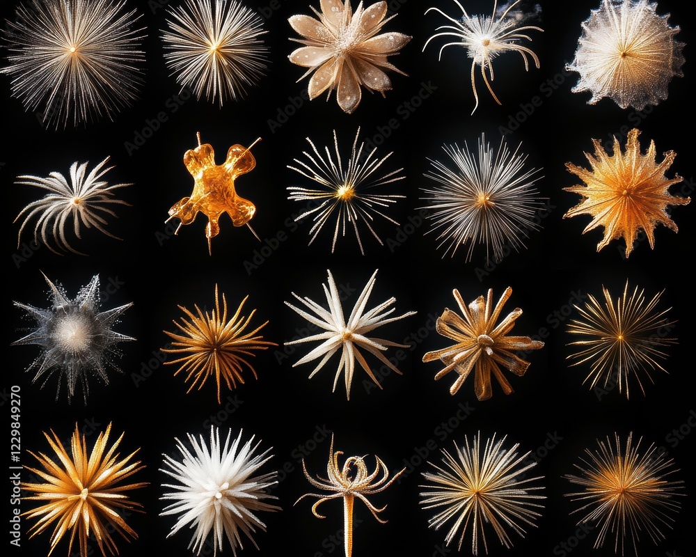 Poster intricate display of unique plant life forms in a studio setting with vivid textures and shapes agai