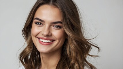 Naklejka premium A stunning young woman with long, wavy brown hair beams a confident, radiant smile. Her glowing skin adds to her naturally beautiful look.