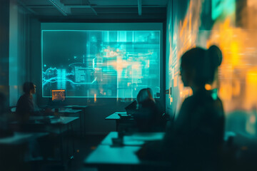 Futuristic classroom with students engaged in interactive learning and advanced technology integration at modern educational institution