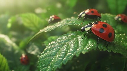 Fototapeta premium Ladybugs, Ladybirds (Coleoptera Coccinellidae), Adult Insect on Green Leaves