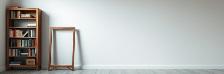 Old wooden bookcase leaning against a crisp white surface, worn finish, distressed wood