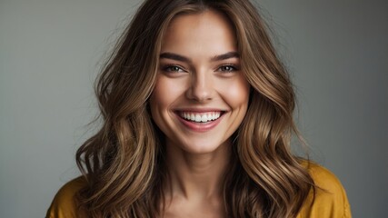 Naklejka premium A radiant young woman with long, wavy brown hair beams a genuine smile, showcasing her confidence and natural beauty.