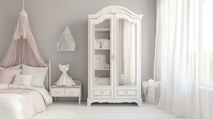 Elegant girl's bedroom with white wardrobe, canopy bed, and soft pink accents.