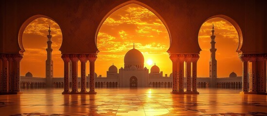 Naklejka premium Sunset Mosque Archway Travel Poster